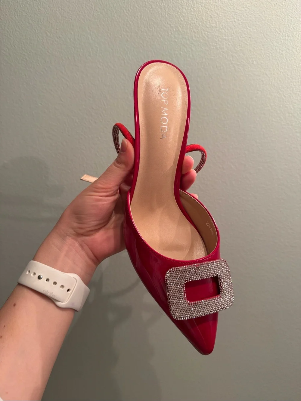 TOP Moda Red Patent Pointed-Toe Ankle-Strap Pumps with Rhinestone Buckles